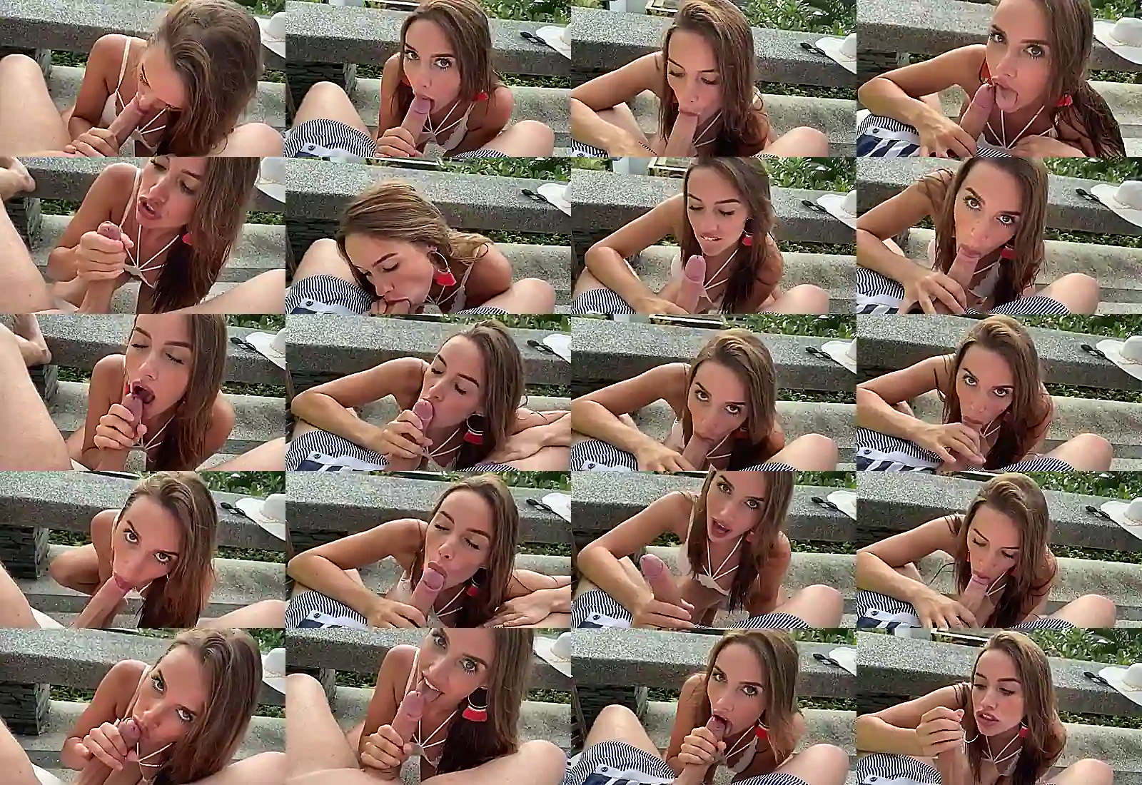 Slut with brown hair eagerly giving a guy a blowjob while he takes off pants