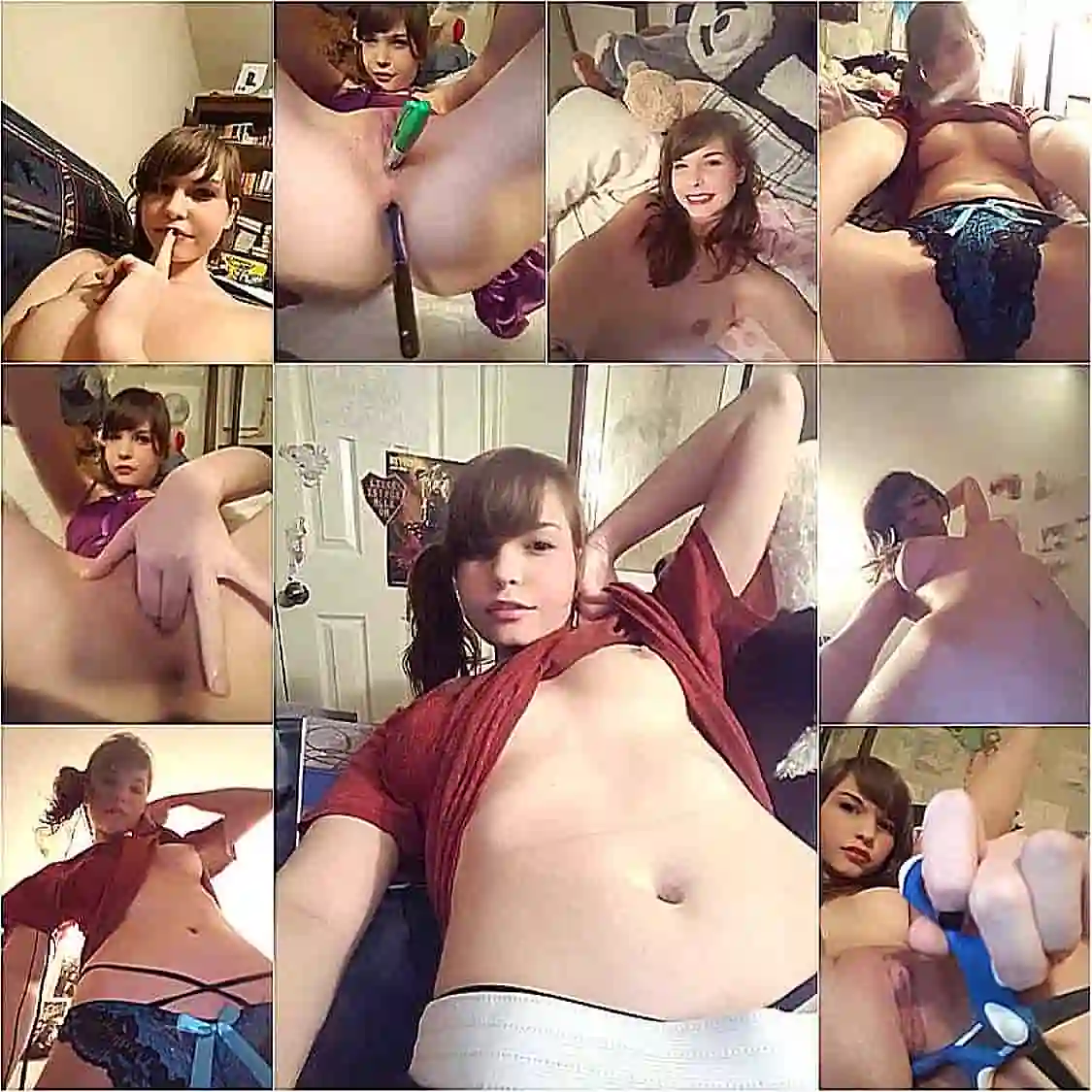 Naked girl with braided ponytails shows off her body