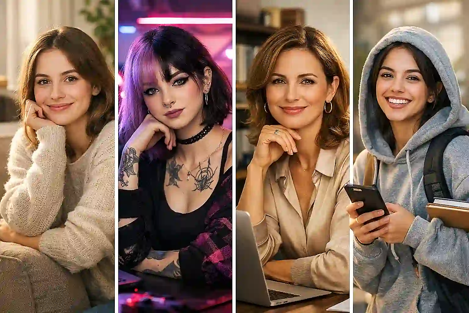 A diverse group of beautiful amateur models and content creators filming homemade videos in their bedrooms, representing the girl next door and alternative aesthetics.