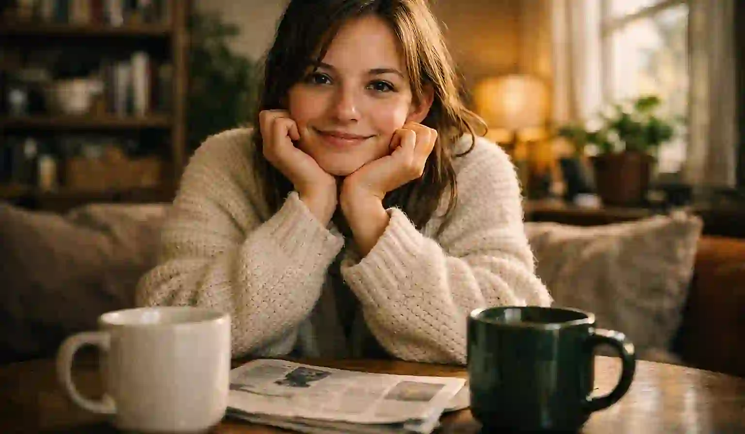 A beautiful amateur model smiling intimately at the camera in a cozy, natural setting, representing the authentic digital Girlfriend Experience.