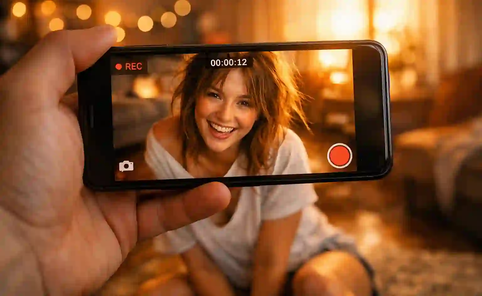A camera and soft bedroom lighting representing the creation of authentic amateur photo and video content.