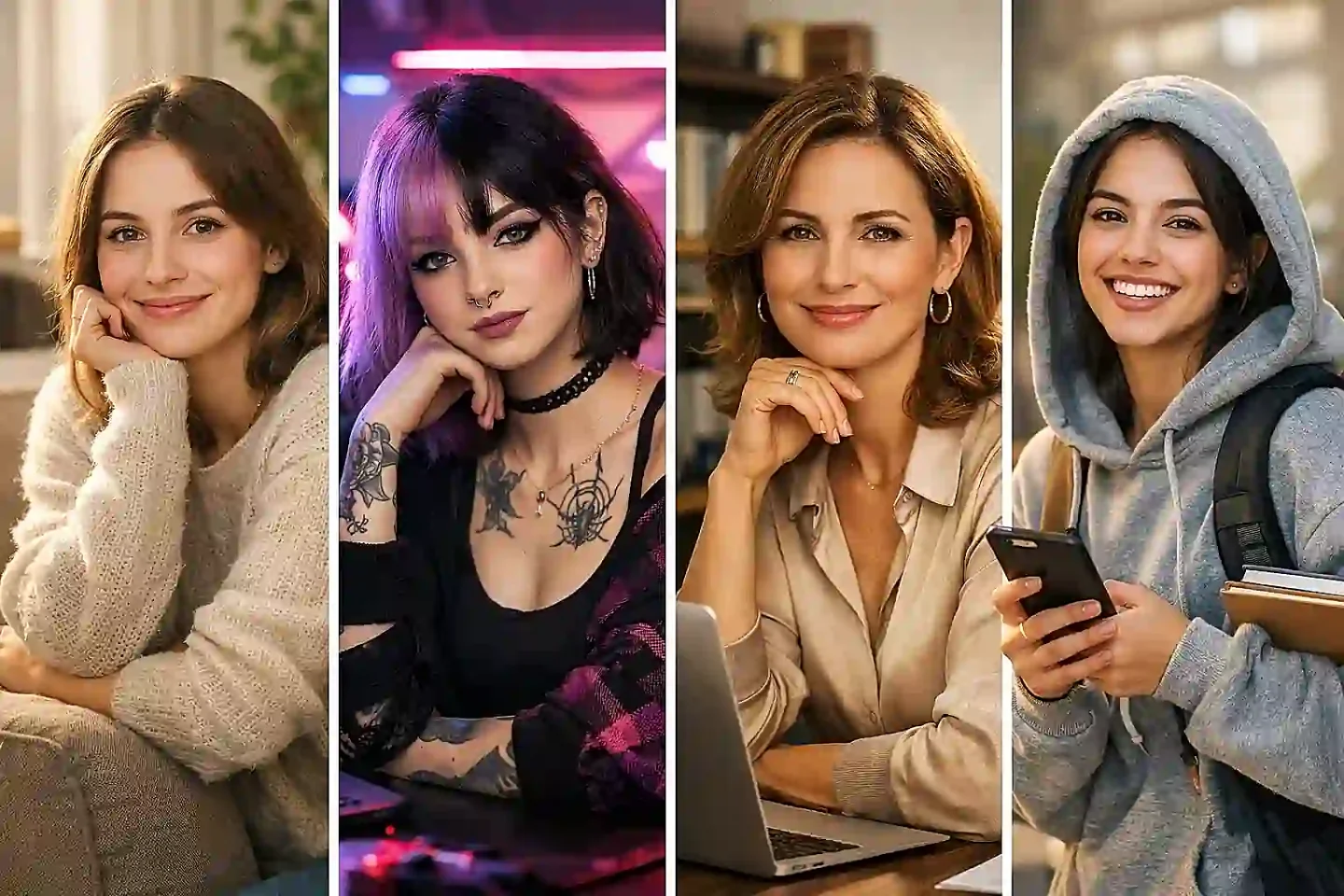 A diverse group of beautiful amateur models and content creators filming homemade videos in their bedrooms, representing the girl next door and alternative aesthetics.